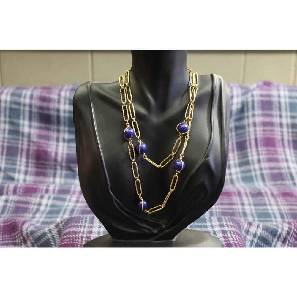 Vintage Blue Beaded Gold-tone Chain Necklace